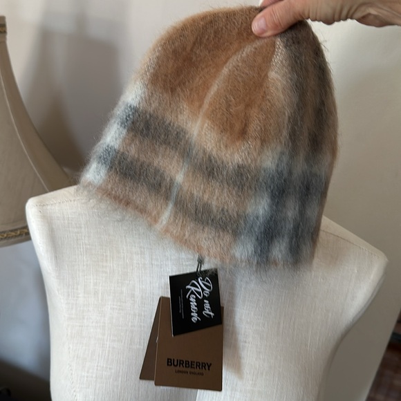 Burberry Giant Check Knit Mohair Beanie. Color is dusty caramel - Picture 1 of 8